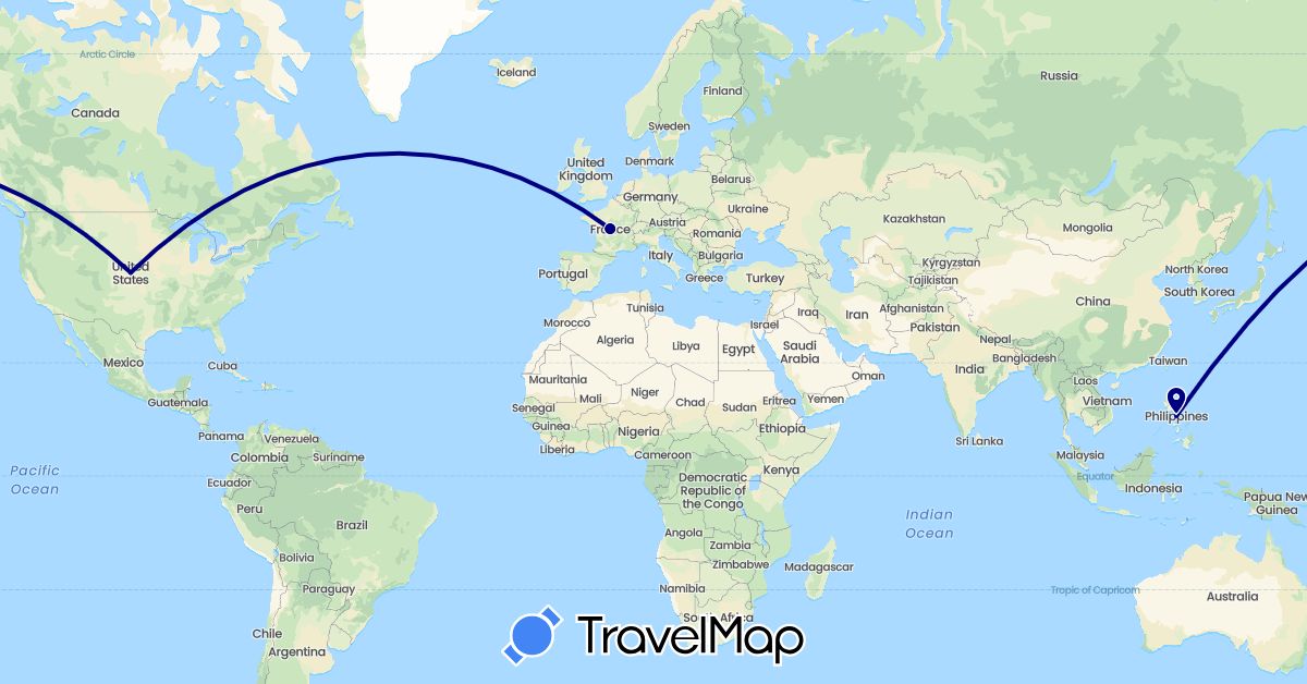 TravelMap itinerary: driving in France, Philippines, United States (Asia, Europe, North America)